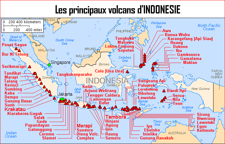 Mapa wulkanów Indonezji.