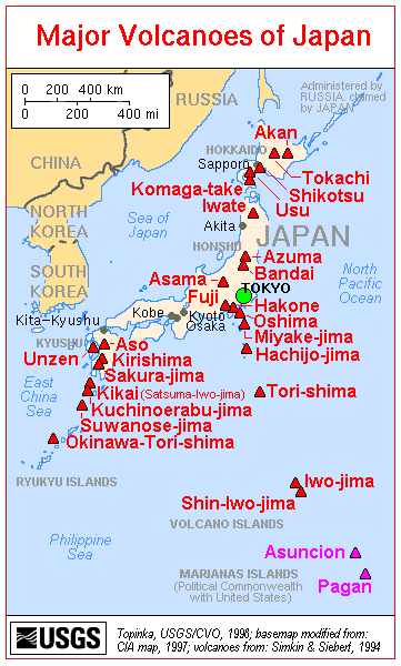 Mapa wulkanów Japonii