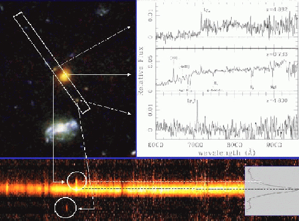 Ilustracja 1. Kwazary z = 4,882 i z = 4,800 są wyrównane galaktyką linii emisyjnej z = .733. Emisja Ly alfa może być widoczna w widmie galaktyki centralnej o niższym przesunięciu ku czerwieni. (Vanzella et al. astro-ph/0406591)