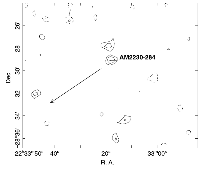 Grafika 7. Mapa radiowa NVSS obszaru wokół AM 2230-284. NGC 7361 znajduje się na 125 stopniach p. a.